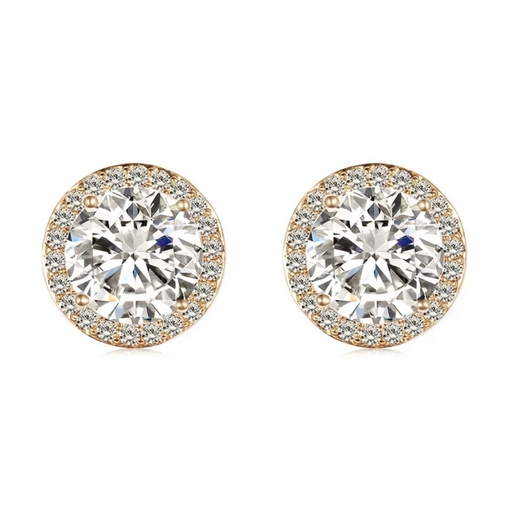 SALE New Gold Halo Round Cut Studs - Picture 2 of 5